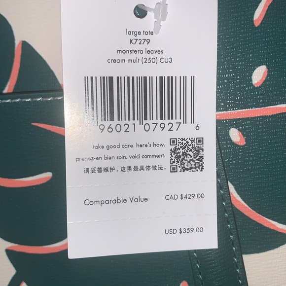 ♠️ kate spade Cara Monstera Leaves Printed Large Tote Bag, Cream Multi - Picture 12 of 16